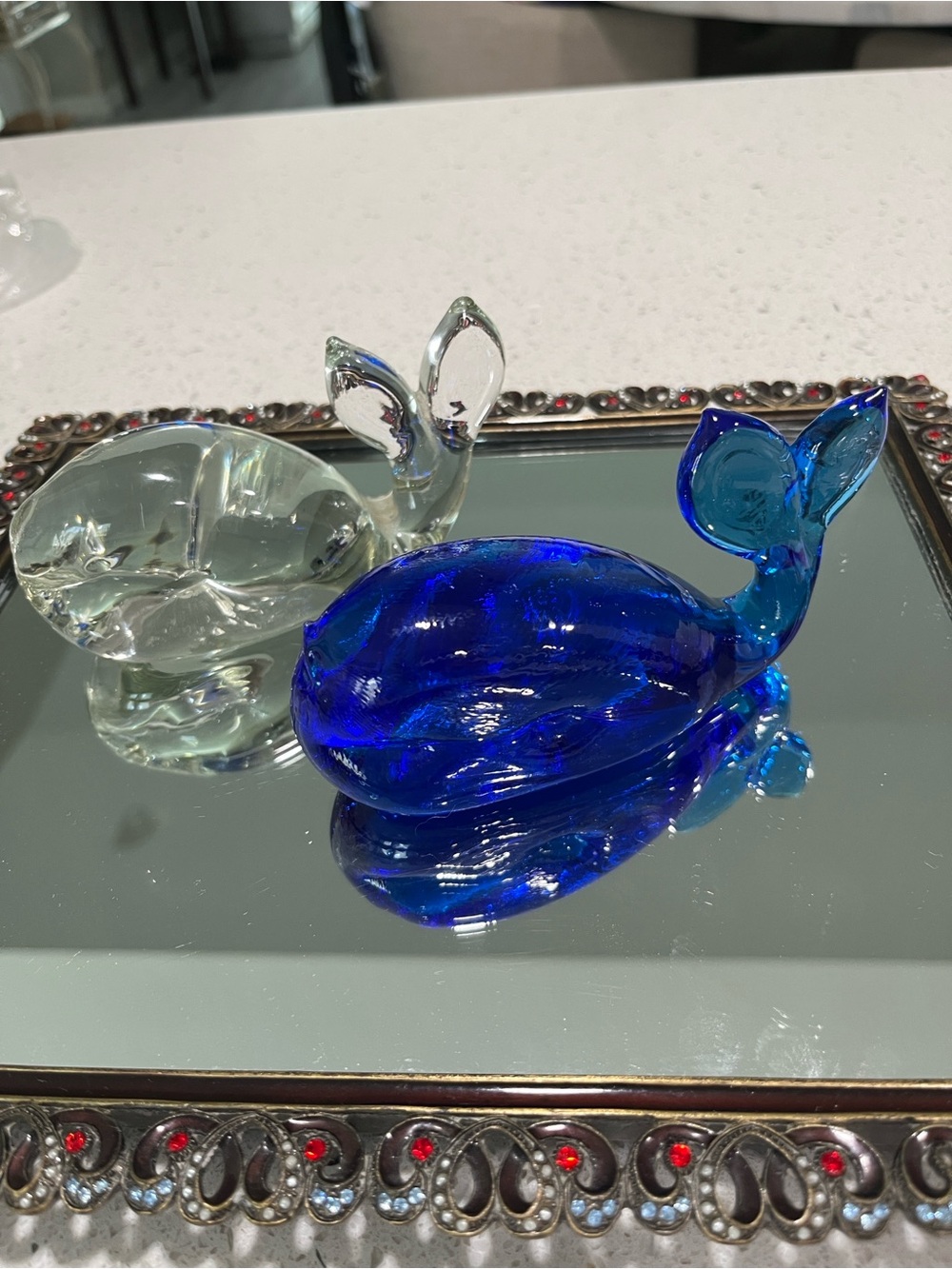 Vintage Pair Handblown Blue &Clear Glass Whale Figurine - Decorative Home Art